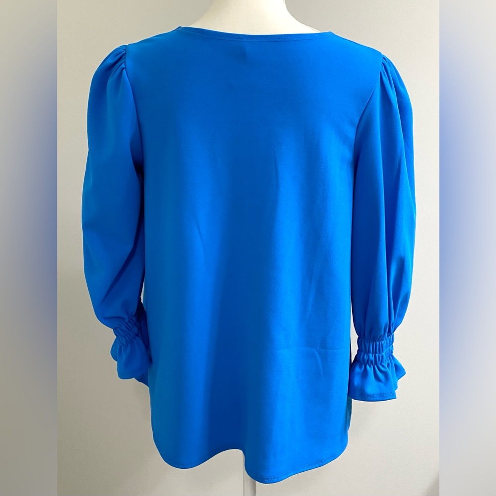 2 Hearts Womens S Blue Top Ruffle V-Neck Boho Fall Preppy Cottagecore Nautical - Picture 4 of 13